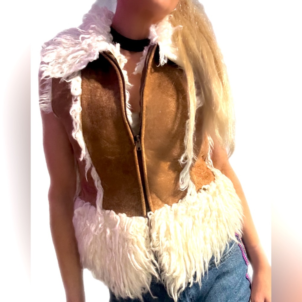 Winter vest faux fur suede vest with white faux fur fringe